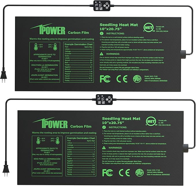 iPower 2 Pack 10"x20.75" Seedling Heat Mat with Built-in Temperature Controller, MET Certified Waterproof Plant Heating Pad, for Germination, Breeding, Brewing