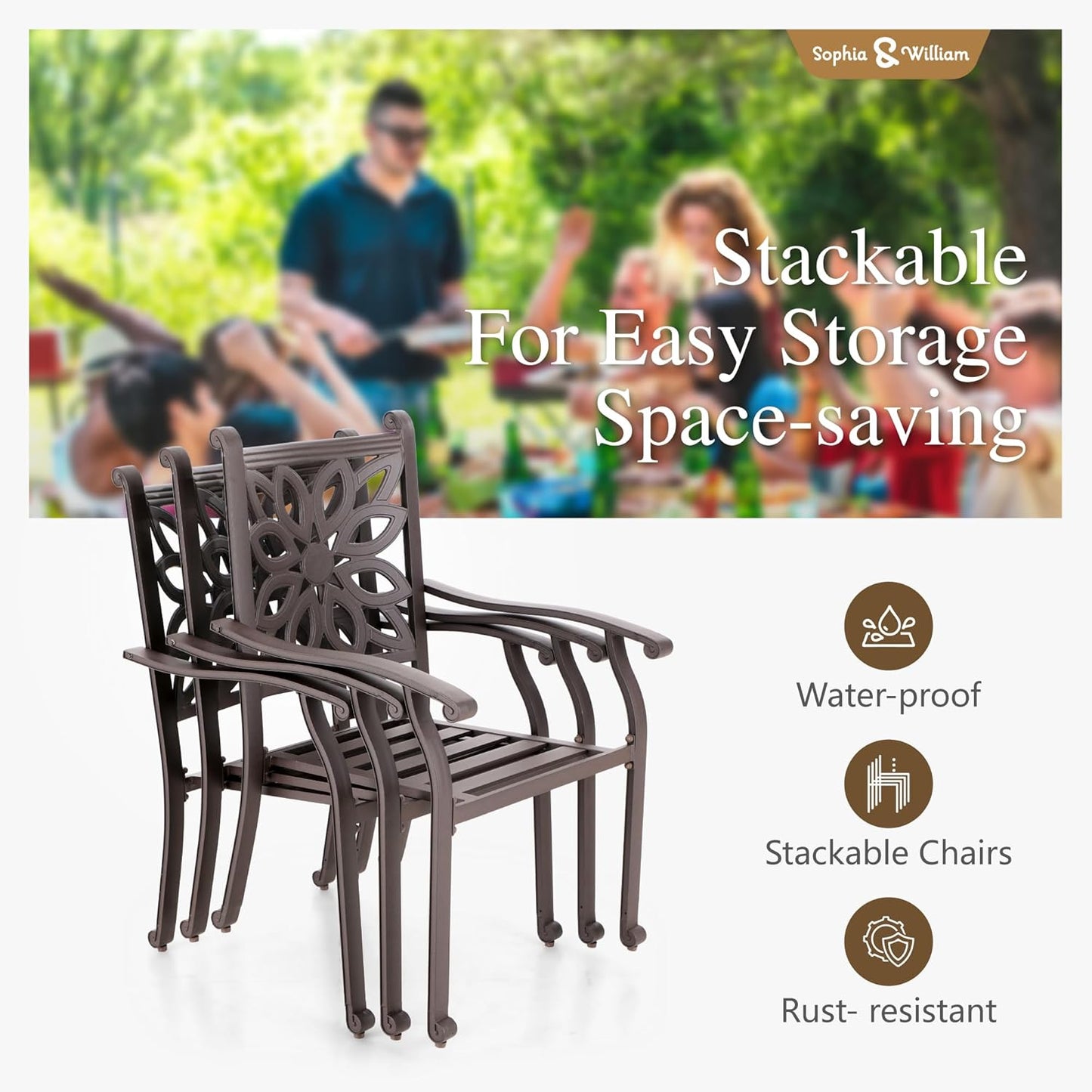 Sophia & William 2 Pieces Cast Aluminium Patio Dining Chairs Bronze with Cushions, Oversize Powder-Coating Outdoor Armchairs for Porch Yard Deck Balcony, Load Capacity Up to 350 lbs