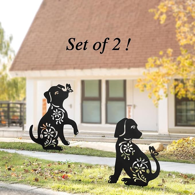 Metal Dog Garden Stake,Metal Dog Garden Decor for Outside,Patio,Outdoor,Charming Set of 2 Dogs Statues for Garden