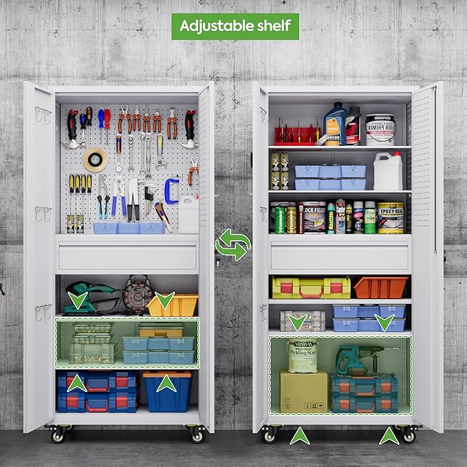 71" H Metal Garage Storage Cabinet with Wheels and Doors,Rolling Tool Cabinet with Pegboard,Rod and Drawer for Garage Warehouse Home,Required Assembly,White