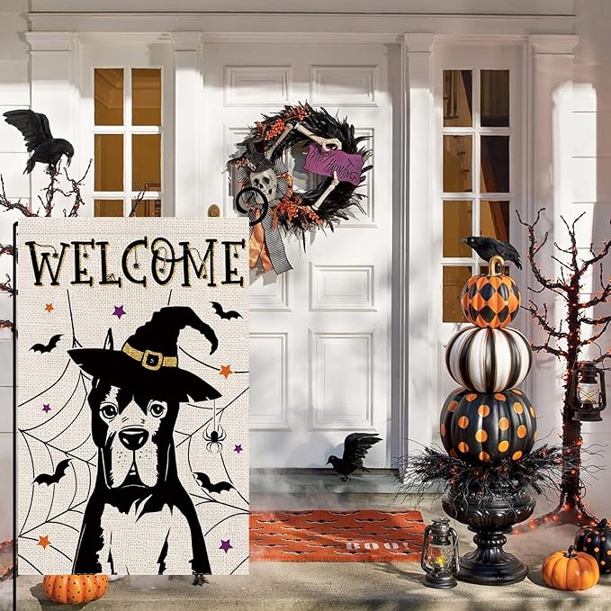 Halloween Garden Flag Great Dane Cobweb Bats Double Sided Vertical Welcome Flag Seasonal Holiday Outdoor Yard Lawn Party Decorations 12.5 x 18 Inch