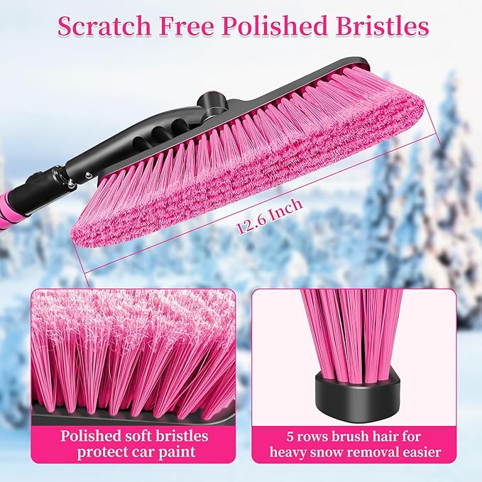 HEEYA 51 Inch Snow Brush for Trucks, Extendable Long Handle Ice Scraper with Brush with Foam Grip, SUV Heavy Duty Snow Brush with Ice Scraper for Car Auto Jeep RV Vehicle Windshield Window - Pink