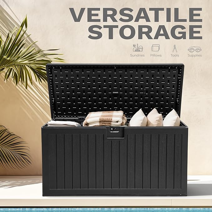 DWVO 150 Gallon Resin Outdoor Storage Box, XXL Double-Wall Waterproof Deck Box, Doubles as Table or Seating with 1000 lbs Capacity, Lockable (Black)