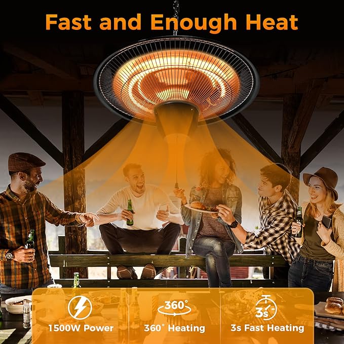 Air Choice Outdoor Heaters for Patio, 1500W Infrared Electric Patio Heater for Ceiling/Garage Use, Hanging Patio Heater with Adjustable Chain Length, Overheat Protection, Ideal for Outdoors and Garage