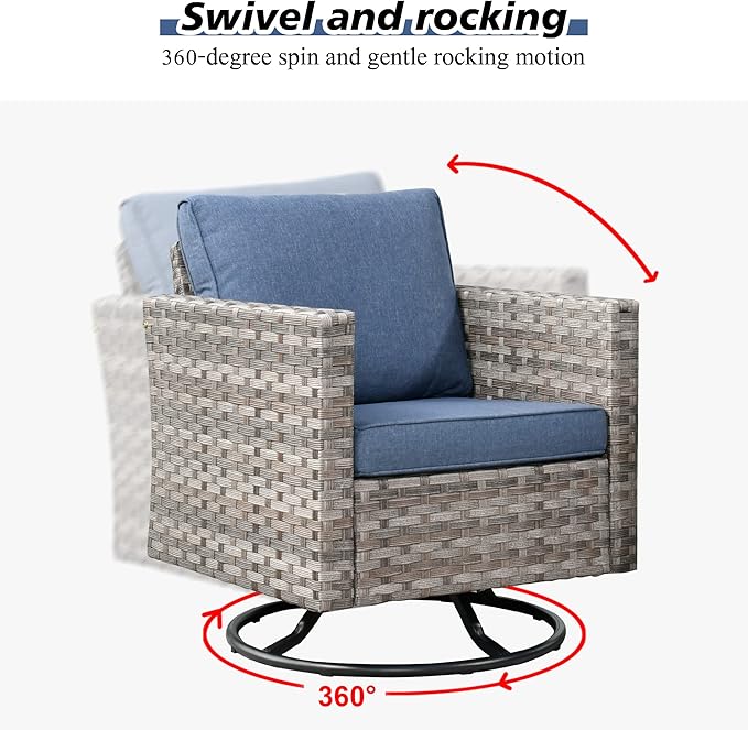 HOOOWOOO 9 Piece Modular Patio Outdoor Sectional Furniture Set with Swivel Rocking Chairs,Wicker Conversation Sofa Set,Outside Couch Set with Wide Arm(Denim Blue)