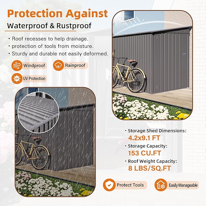 4x9 ft Lean to Shed, Outdoor Storage Shed with Lockable Single Door and Window, Metal Storage Sheds with Sloping Roof and 2 Vents, Outside Garden Tool Sheds for Backyard, Patio (Grey)