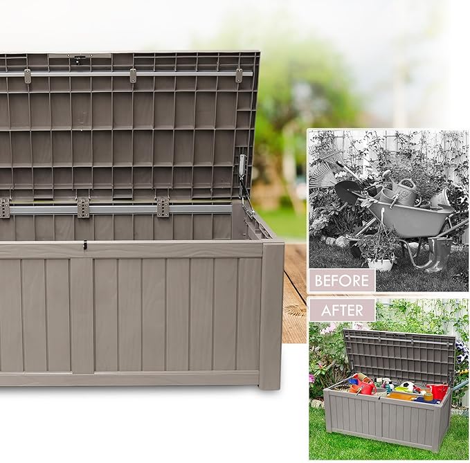 AJP Distributors 120 Gallon Outdoor Storage Box, Rain Waterproof Resin Deck Box, Lockable Large Storage Container for Patio Furniture, Cushions, Garden Tools, Sports Equipment and Pool Supplies Taupe