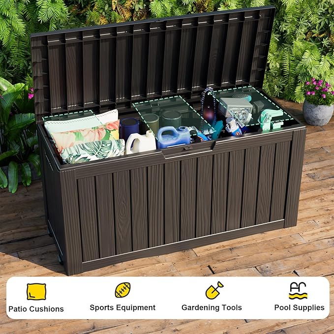 Outdoor Storage Box with Wheels – 75 Gallon Mobile Waterproof Resin Deck Box, Lockable Storage for Patio Cushions, Garden Tools, Pool Accessories – UV-Resistant Storage Bench for Backyard & Deck