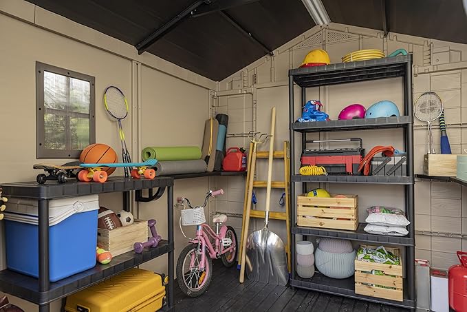 Keter Factor 8x8 Foot Large Resin Outdoor Shed with Floor for Patio Furniture, Lawn Mower, and Bike Storage, Taupe & Brown