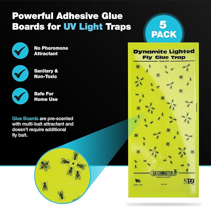 Catchmaster Pro Series Flying Insect Light Trap Replacement Board 5-PK, UV Light Fly Trap Refill, Adhesive Glue Boards, Mosquito Trap Supplies, UV Lamp Bug Catcher, Home & Garage Pet Safe Pest Control