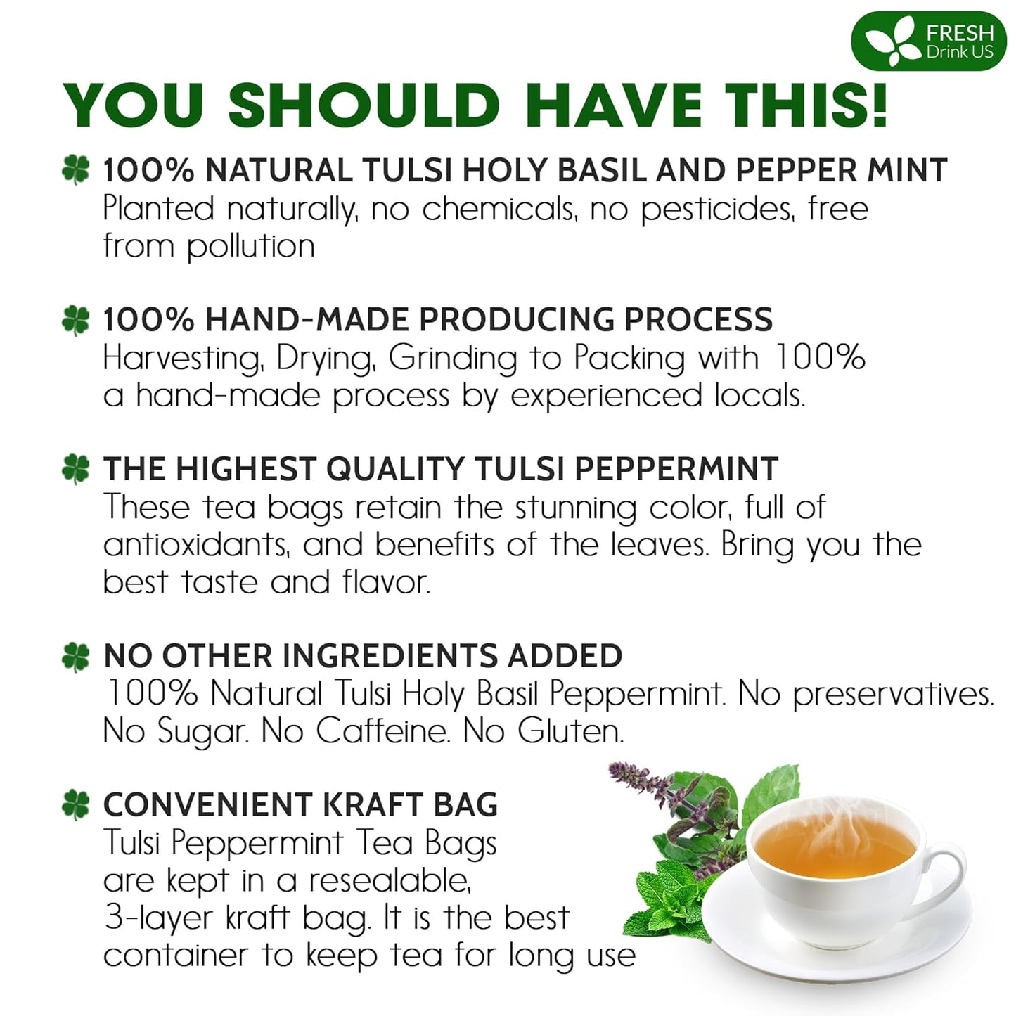 FreshDrinkUS, Premium Tulsi Peppermint Herbal – 30 Tea Bags, 100% Natural, Blend of Tulsi Holy Basil Leaves, and Peppermint Leaves. Made with Natural Material Tea Bags. No Sugar, Vegan.