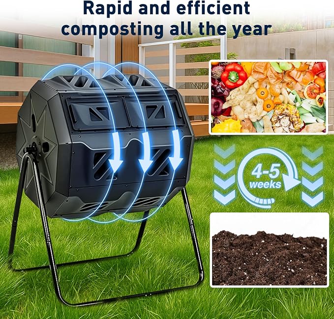 Yesker Dual Chamber Compost Bin Outdoor, 43 Gallon Rotating Tumbling Composter with Sliding Doors, Fast Assembly for Garden, Backyard & Kitchen Waste