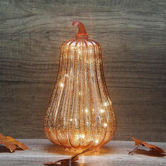 Mercury Glass Pumpkin Lights with Timer, Battery Operated Led Pumpkin Lights for Halloween Fall,Thanksgiving Rustic Decor (Rosegold Common, 11")