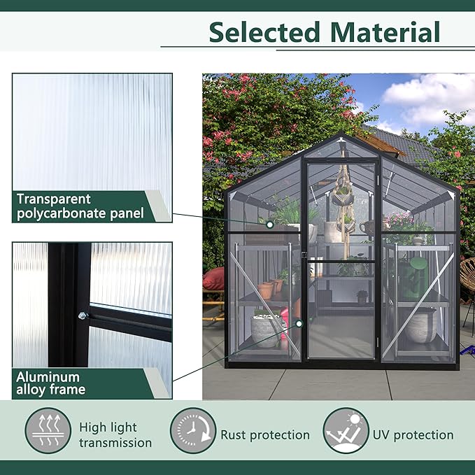 6x10 FT Greenhouses for Outdoors,Heavy Duty Polycarbonate Greenhouse,Lockable Walk-in Green House Sunroom w/ Roof Vent,Aluminum Hot House for Garden Plants Backyard Patio,Black