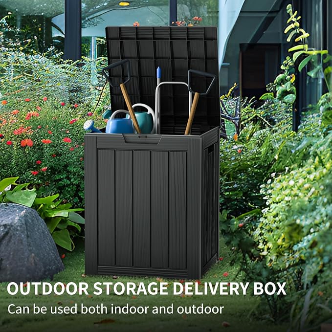 Two 28 GallonOutdoor Storage Box,Resin Deck Boxes Waterproof, IndoorOutdoor Bin for Package Delivery, Patio Cushions, Gardening Tools, Lockable, UV Resistant