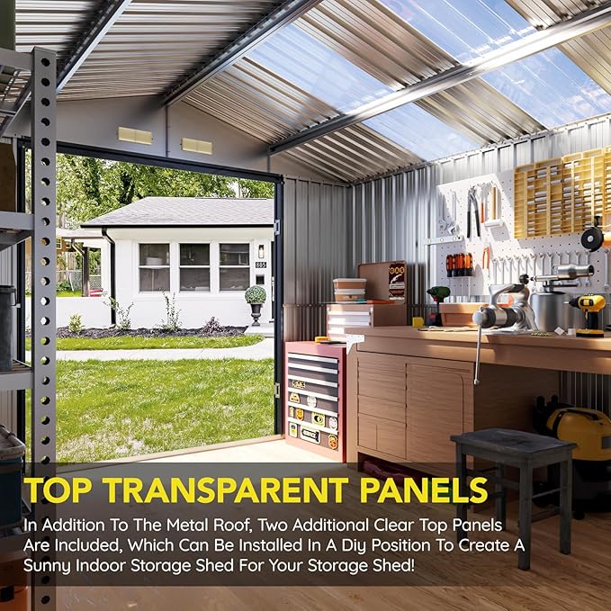 10x12 FT Outdoor Metal Storage Shed, Double Swing Doors, 2 Clear Windows, Replaceable Skylight Roof Panel, Tool Shed for Garden, Patio, Backyard