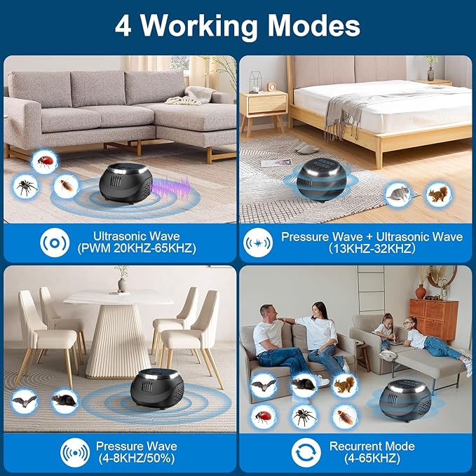 2025 Upgraded Mouse Repellent, Ultrasonic Pest Repeller-Chemical-Free, Multi-Mode Rodent Repellent with Timer Function, Indoor Insect Defense for Cockroaches, Mosquitoes, Insects, Spiders 2Pack