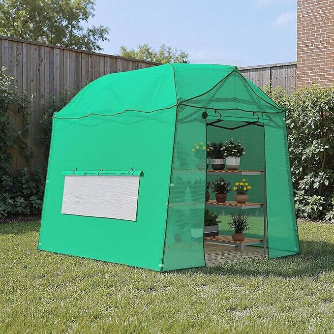 8.5 x 7 FT Walk-in Greenhouse, Portable Pop-up Green House 3 Adjustable Hights Heavy Duty Plant Gardening Canopy with Durable PE Cover for Indoor Outdoor (Clear and Green)