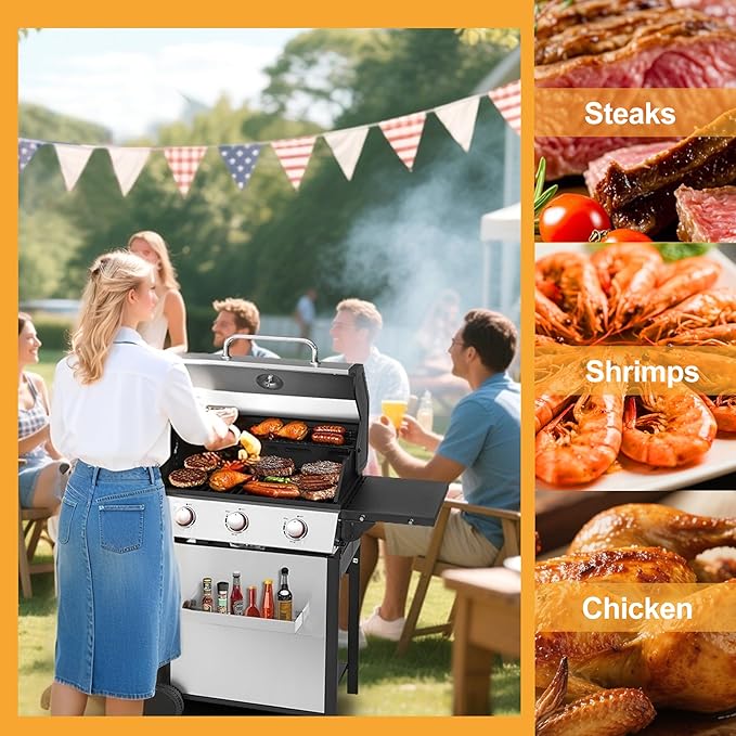 3-Burner Propane Gas Grill with Stainless Steel Cabinet - Outdoor BBQ Grill Side Table, Knob Controls, Cast Iron Grates & Thermometer