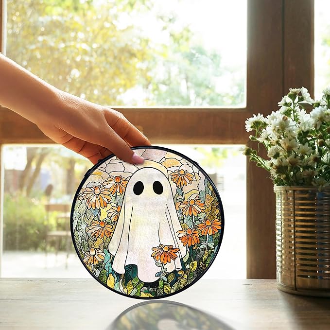 TNUW Halloween Ghost Stained Glass Window Hanging, Ghost Flower Sun Catchers Indoor Window Glass Round Wall Art Decor, Halloween Floral Wall Hanging Decorations, 7.9＂x7.9＂