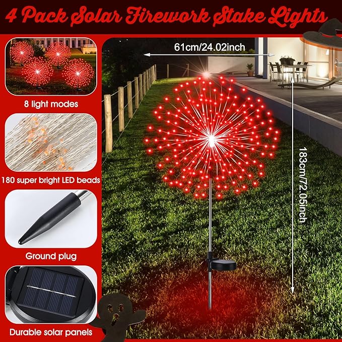 4 Pack Halloween Solar Lights Outdoor Christmas Solar Firework Lights with 180 LEDs 8 Modes LED Firework Decoration Waterproof Landscape Pathway Stake Sparkler Decor for Garden Driveway (Red)