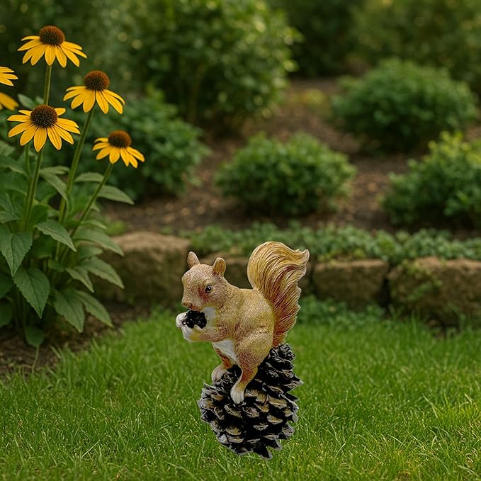 Squirrel on Pinecone Garden Statue – 6 inch Polyresin Outdoor Figurine, Weatherproof Wildlife Decor, Rustic Yard Ornament for Patio, Lawn & Home Accents