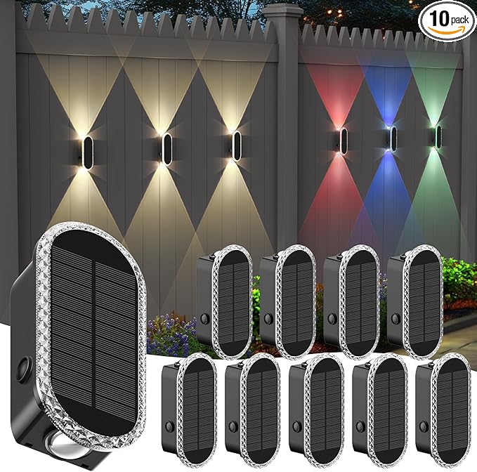10 Pack Solar Fence Lights-RGBW Solar Powered Fence Wall Lights Waterproof 8-Color Changing Dual Lens Up/Down Lighting Wall Lights for Outdoor/Patio/Porch/Pool Cage