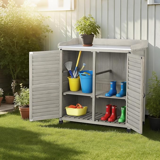 Outdoor Potting Bench with Metal Work Top,Waterproof Garden Storage Cabinet,Wooden Tool Station Shed for Backyard,Patio,Lawn Gardening