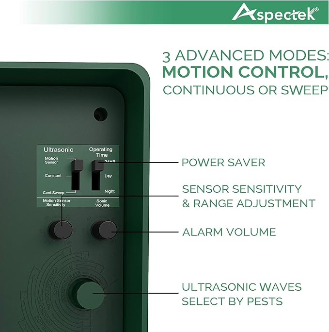 ASPECTEK Includes AC Adapter, Extension Cord Pest Repeller Yard Sentinel 2 Pack Outdoor Ultrasonic Animal Control, Green, Sound Frequency:15 kHz -18 kHz