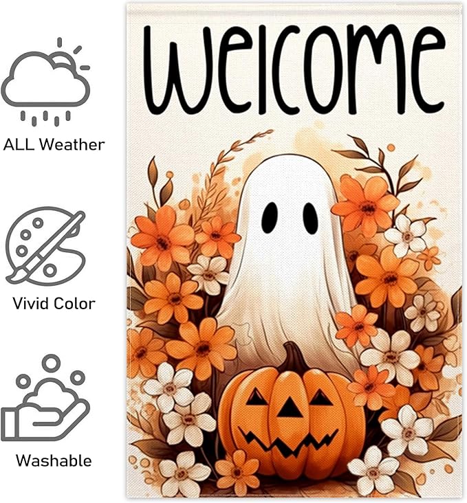 ChloropLastid Halloween Ghost Garden Flag 12x18 Inch Spooky Pumpkin Fall Welcome Holiday Outside Decorations Burlap Yard Flag Double Sided