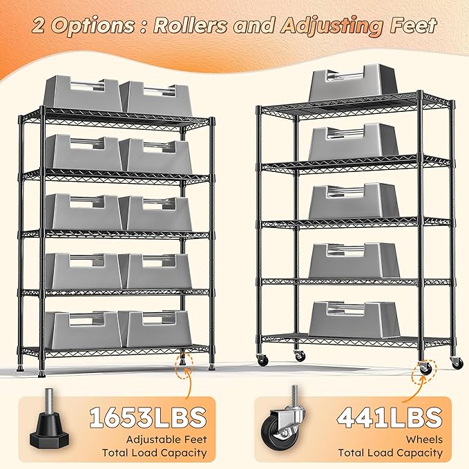 REIBII 76.1" H Storage Shelves Wire Shelving Unit Loads 1653 LBS, Metal Shelving with Wheels & Feet, 5 Tier Adjustable Metal Dorm Storage Shelves for Pantry Kitchen, Garage, Back to School Supplies