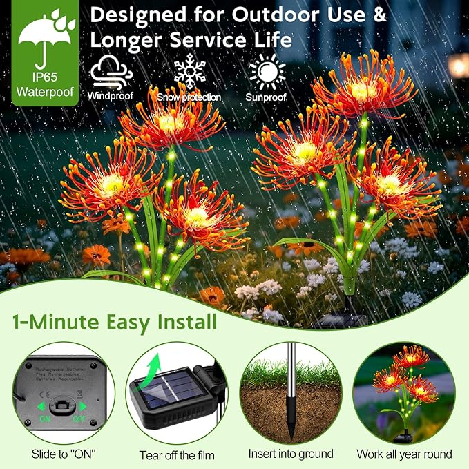 Solar Outdoor Lights Orange Spider Lily – 2 Pack 6-Head Waterproof Garden Flower Lights with Glowing Stems,Decorative Solar Powered Yard,Patio &Lawn Decor,Christmas &Gardening Gifts for Women Grandma