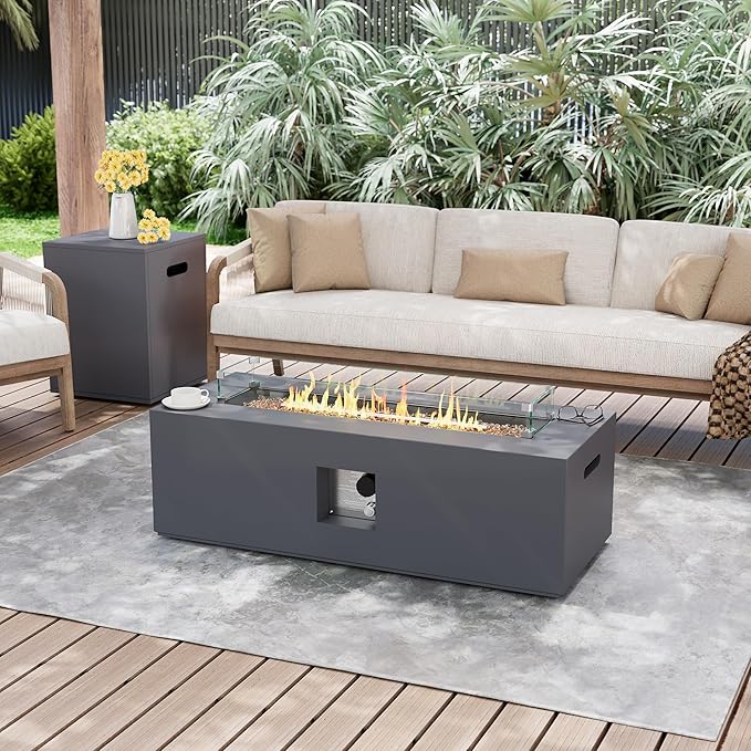 UPHA 42-inch Outdoor Propane Gas Fire Pit Table 50000 BTU Iron Rectangle Firepit for Outside Patio with Tank Hidden Table, Wind Guard, Removable Lid, Gold Glass Rocks, Rain Cover, Dark Grey