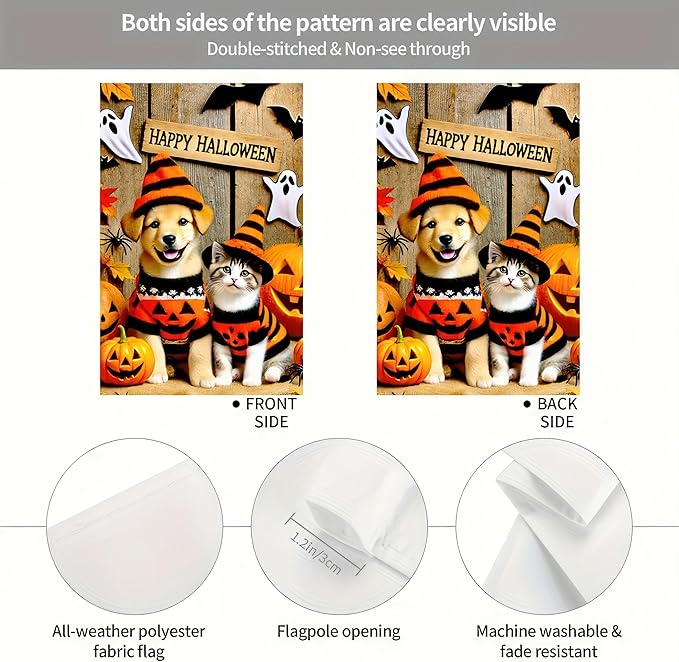 Happy Halloween Garden Flag Double Sided 12x18 Flag Cute Cat And Dog Pumpkin Garden Flag Sweaters And Witch Hats Jack-O'-Lanterns And Ghosts Outdoor Yard Lawn Decoration Banner