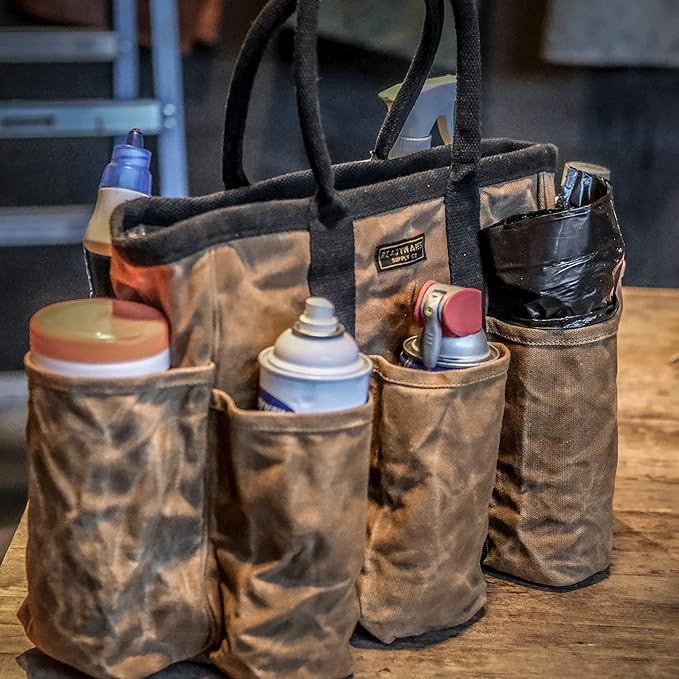 14" Waxed Canvas Supply Bag/Garden Tool Tote/Cleaning Organizer/Mobile Bar/Versatile Storage Tote With Pockets/Utility Bag with Heavy Duty Handles