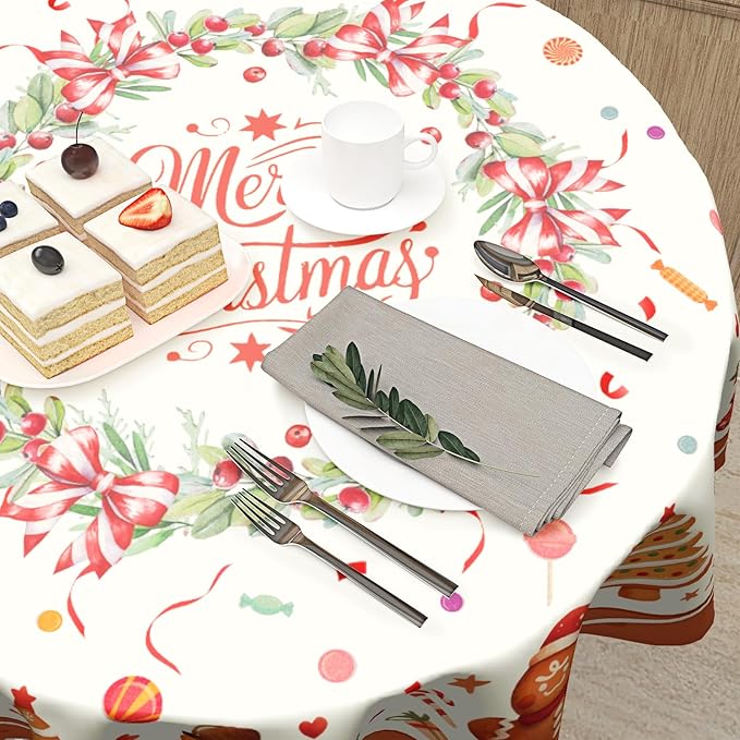 Merry Christmas Tablecloth Round 60 Inch,Traditional Xmas Gingerbread Man Cookie Reusable Washable Circular Table Cover for Holiday Home Kitchen Party Wedding Picnic
