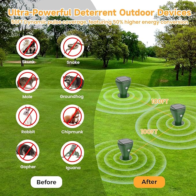 4 Pack Mole Repellent Solar Powered, IP65 Waterproof Snake Repellent for Yard, Ultrasonic Deterrent Outdoor, Rabbit, Skunk, Gopher, Groundhog, Chipmunk, Vole, Armadillo Repeller for Lawns Garden