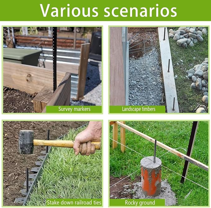 Straight-Rebar-Ground-Stakes 16Inch,Black Coated Straight Ground Anchors with Chisel Point End,Anti-Rust 10Pack Heavy Duty Steel Stakes for Landscape Timbers House Structure Plant Support in Garden