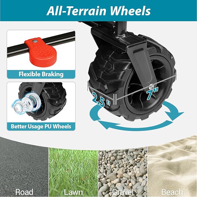 Taifa Foldable Collapsible Wagon Cart with Extra Push Pull Handle, Heavy Duty Portable Folding Beach Utility Grocery Wagon Cart with Big Wheels and Brakes for Sand, Camping, Shopping, Black and Blue