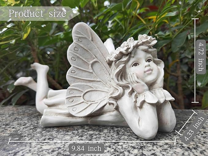 MeritMode Fairy Garden Figurines - Angel Statue with Butterfly and Holding Face, for Mom, Resin Outdoor Figurine for Patio & Yard, 10" Width