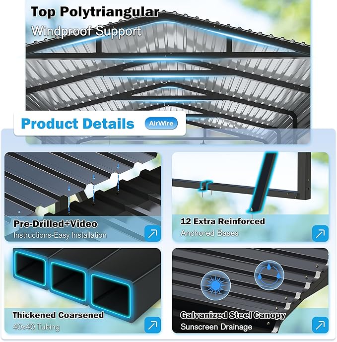 Carport Canopy 12’X20’ Heavy Duty Car Port Galvanized Steel Roof, Reinforced Stable Triangle Frame for Snowy Windy Metal Carports Enhanced Base Car Tent for Car,RV,Pickup,Boat,Truck,Tractor