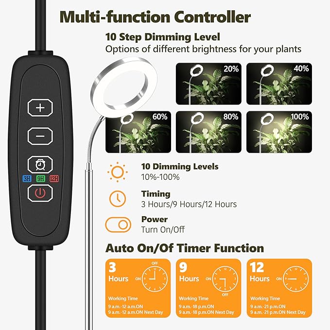 Plant Grow Light, Grow Lights for Indoor Plants Full Spectrum,20W LED Floor Plant Growing Lamp with Height Adjustable Stand, Off Timer 3/9/12H,10 Dimmable Brightness for Small Large Plants,Round