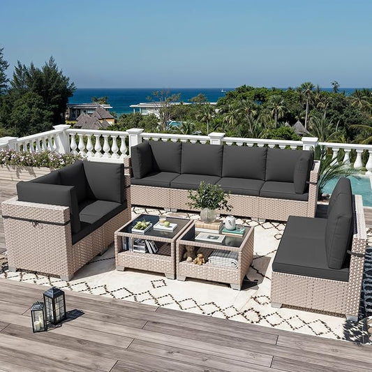 10 Pieces Patio Furniture Set, Outdoor Sectional Wicker Sofa with Thick Cushions and Storage Coffee Table, Rattan Patio Conversation Sets for Deck Yard Poolside, Black