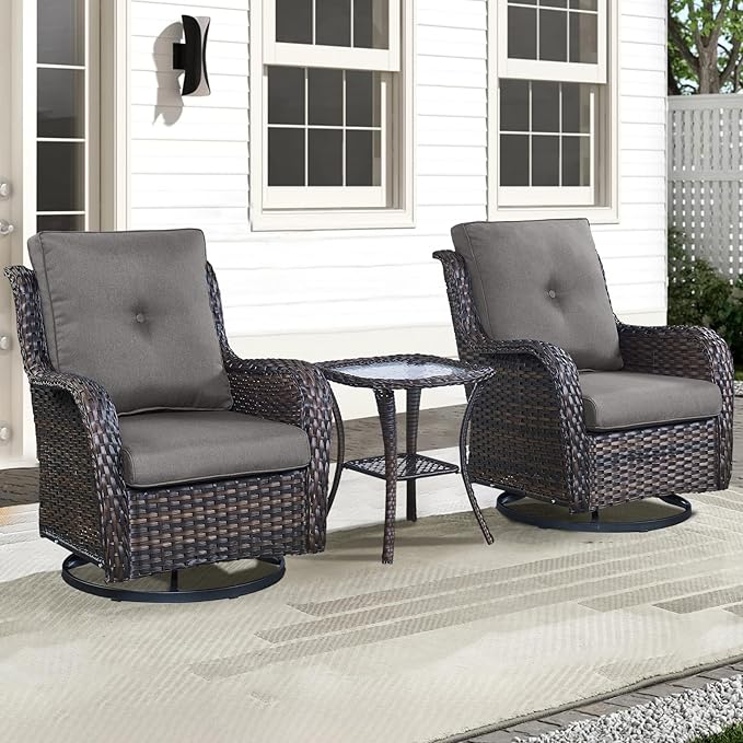 Patio Wicker Chairs Swivel Rocker,3 Pieces Patio Furniture Set with 360 Degree Wicker Swivel Rocking Chairs and Side Table for Garden,Porch,Backyard