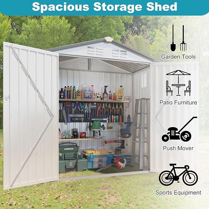 6x3.5 FT Outdoor Metal Storage Shed, Tool Shed with Peaked Roof and Lockable Door, Compact Garden Shed with Clear Window for Backyard Garden Patio Lawn, White+Gray