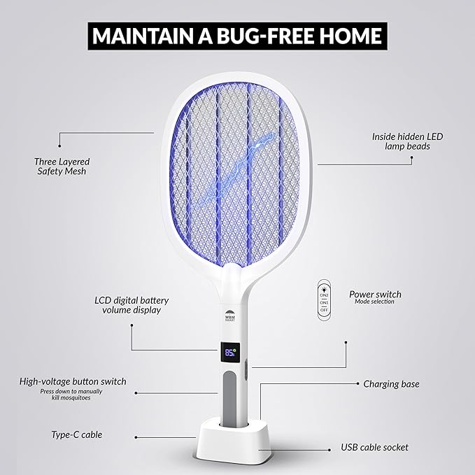2 in 1 Electric Bug Zapper, Mosquitoes Trap Lamp & Racket, USB Rechargeable Electric Fly Swatter for Home and Outdoor Powerful Grid 3-Layer Safety Mesh Safe to Touch, Pack of 2