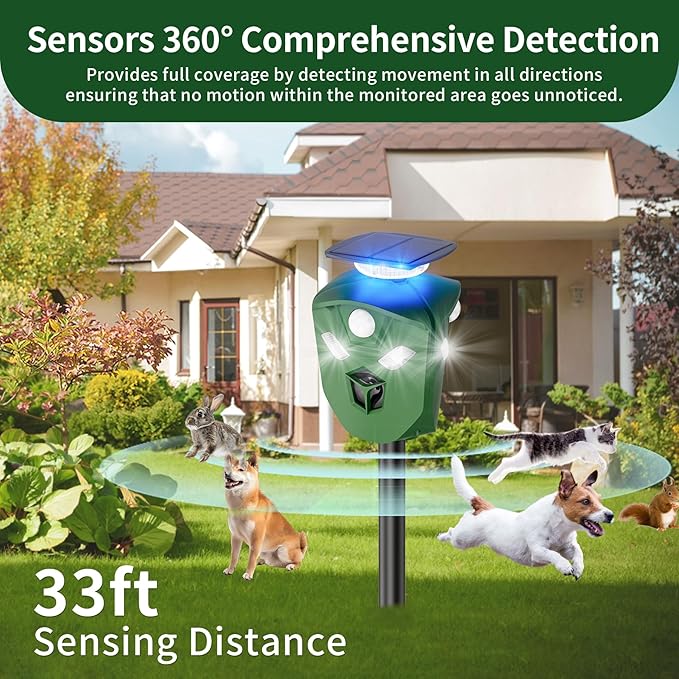 Solar Ultrasonic Animal Repeller Outdoor, 360° All Round Cat Deterrent Outdoor with 6 Flashing Lights and 3 PIR Sensors, Deer Repellent for Repelling Sankes, Raccoons, Cats, Dogs