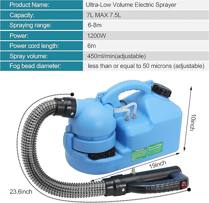 ULV Foggers Machine 7L (1.85 Gallon) Electric Fogger Portable Ultra-Low Atomizer Sprayer Suitable for Indoor and Outdoor Public