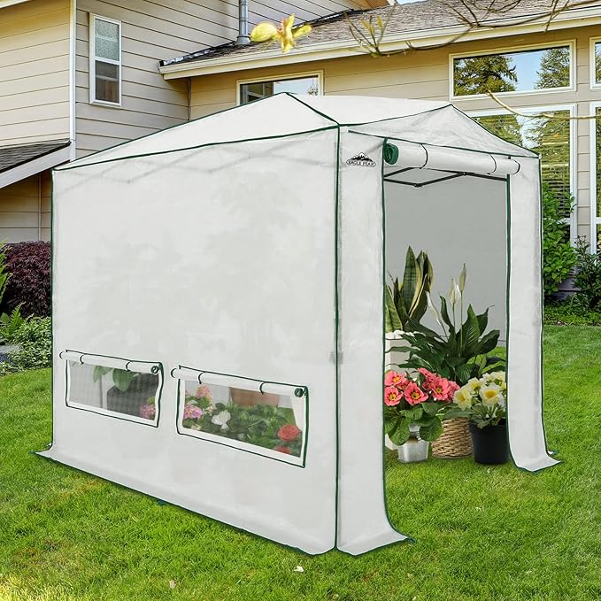 EAGLE PEAK Instant Pop-up Greenhouse, Indoor Outdoor Plant Gardening Green House, Roll-Up Zipper Doors and Side Windows, Heavy Duty Walk in 8x6 ft, Woven PE Top, White