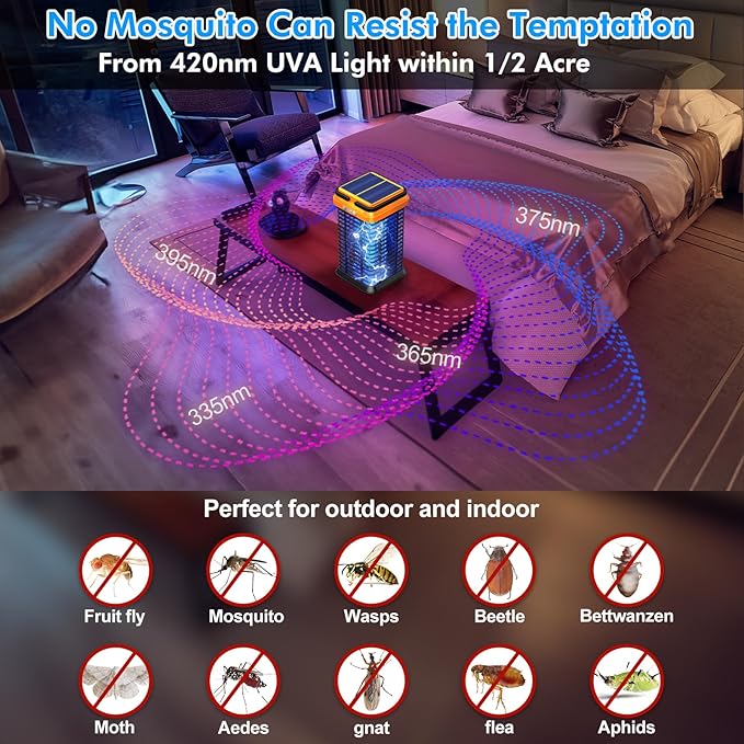 Rechargeable Solar Bug Zapper Outdoor & Indoor, Mosquito Fruit Fly Trap, Gnat Moths Catcher, 4200V Grid, USB Charging, 5000mAh Battery, Fit for Home, Kitchen, Backyard, Camping, Patio